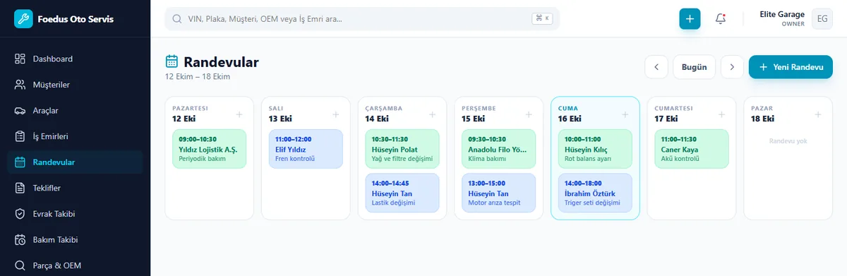 Oto servis randevu programı: haftalık randevu takvimi